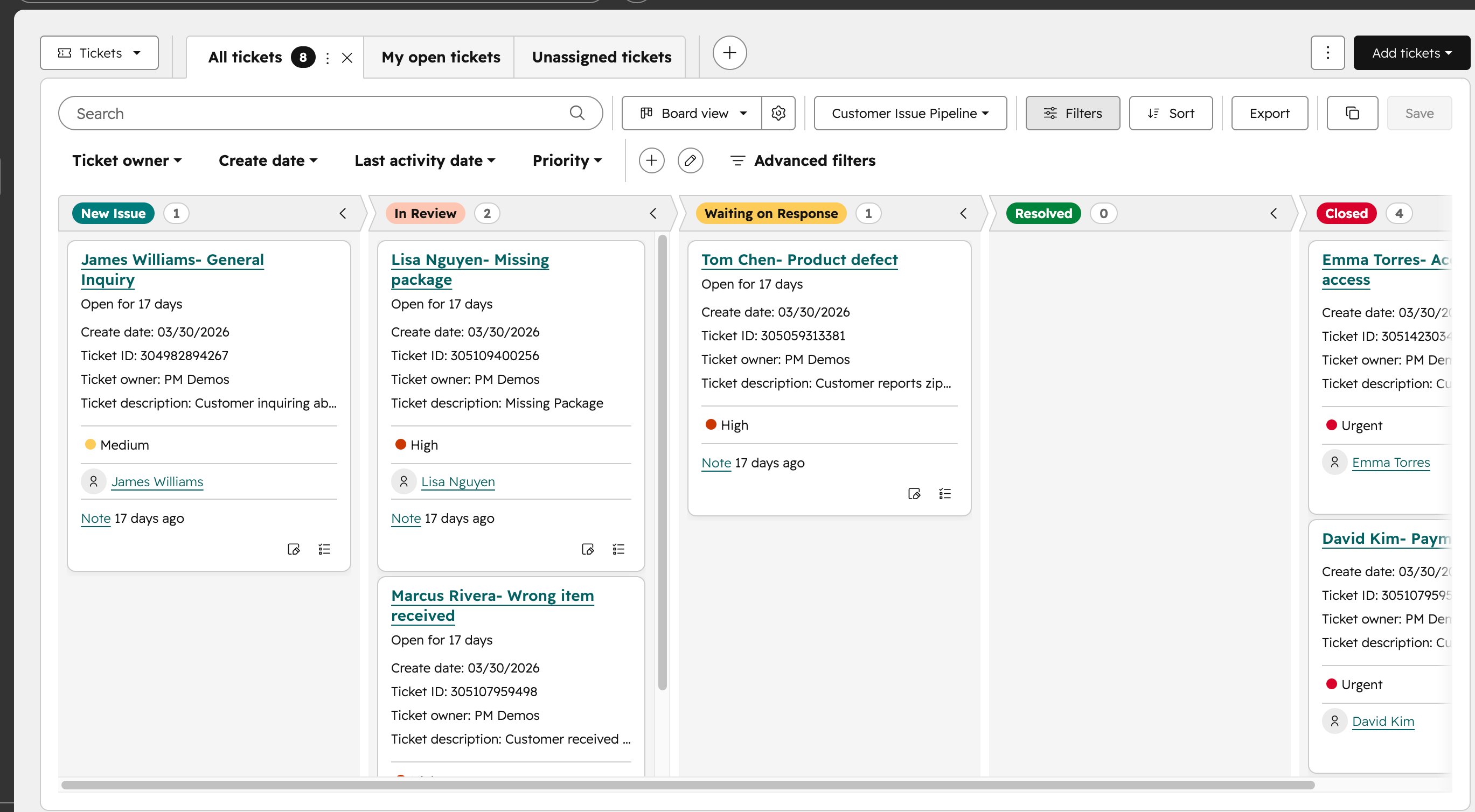 HubSpot ticket pipeline board view