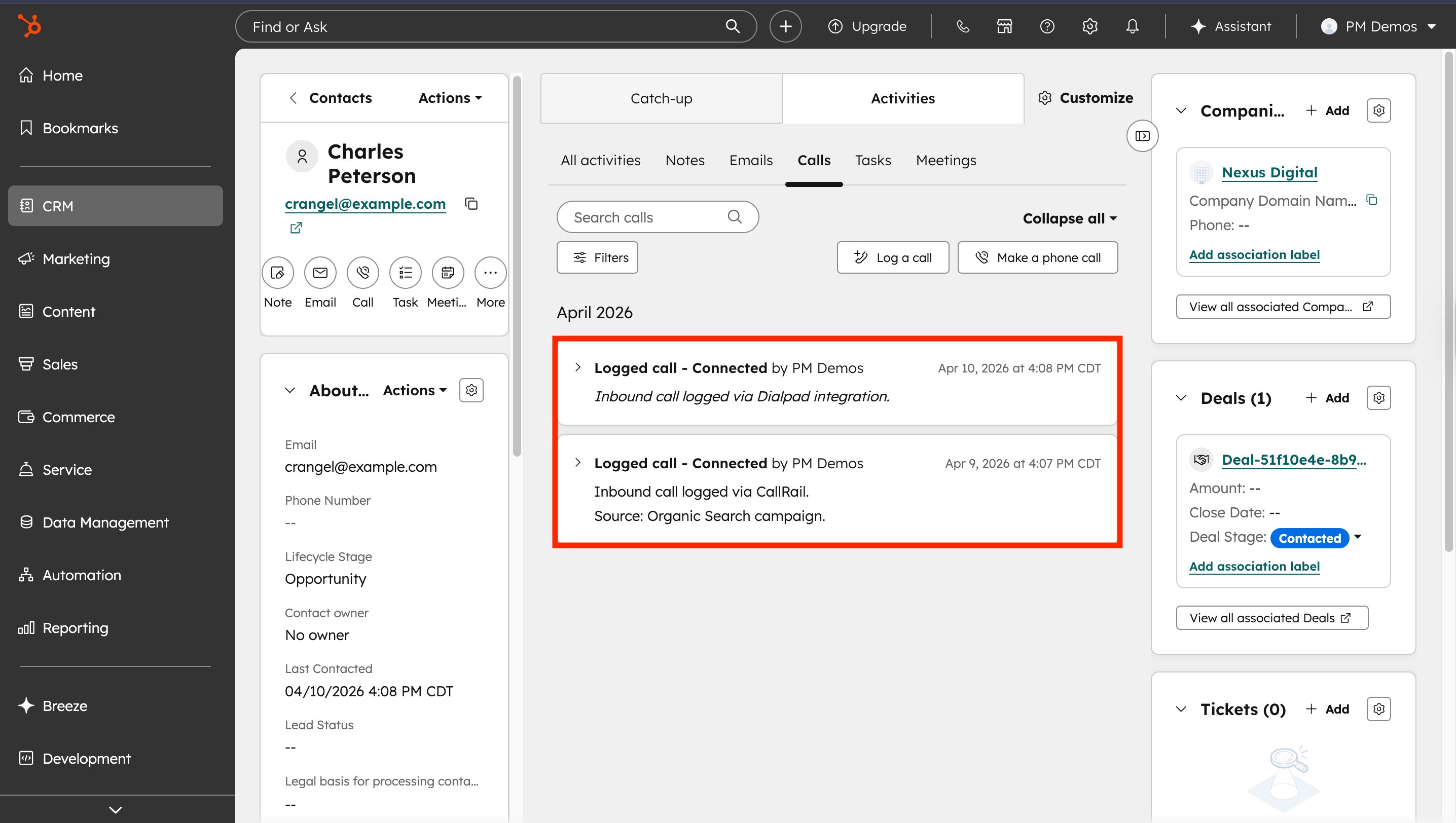Duplicate phone call example in HubSpot