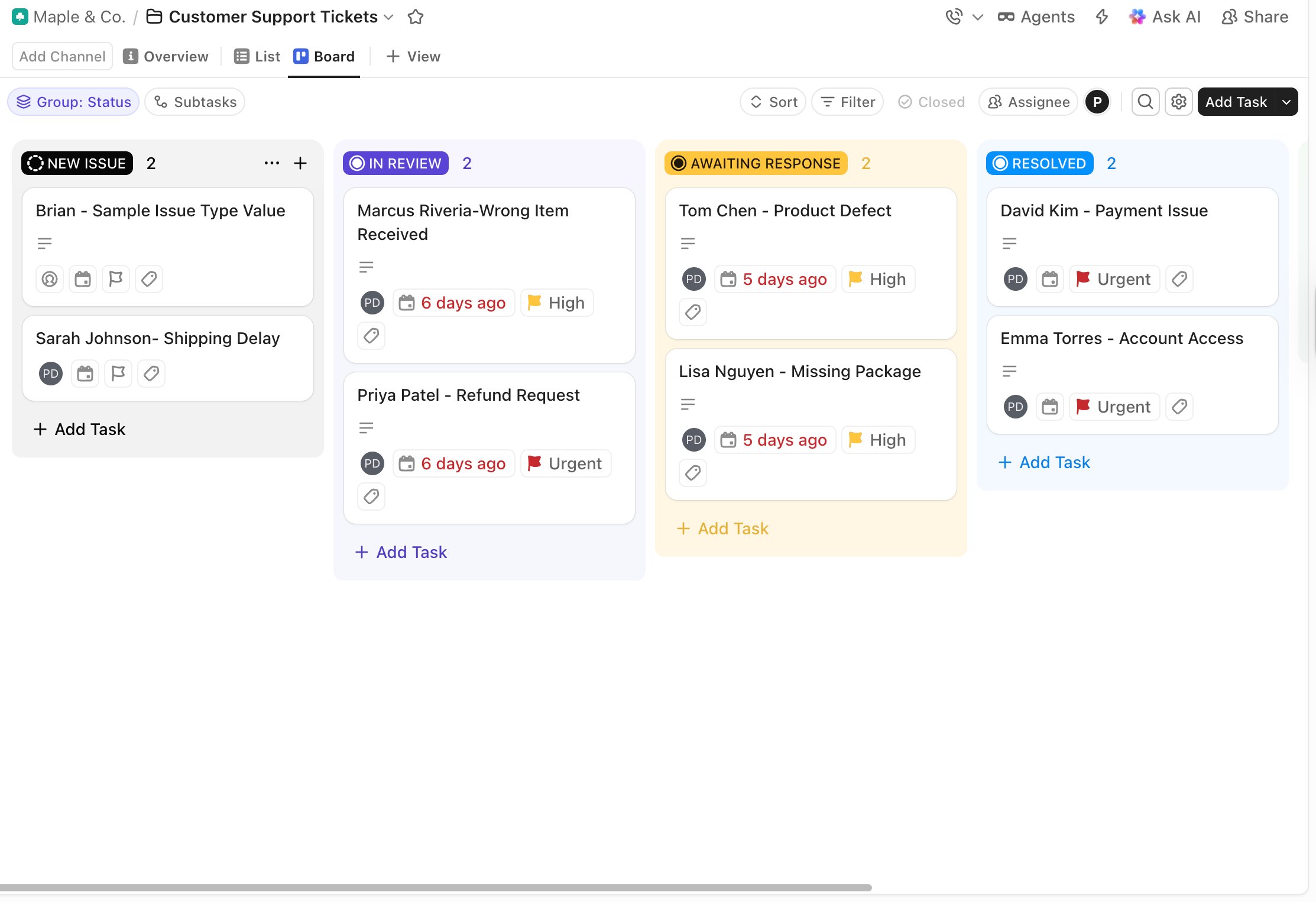 Customer support tickets in ClickUp board view